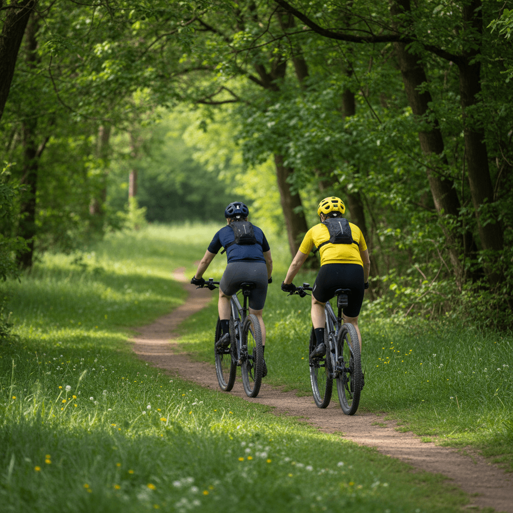 Coppia in mountain bike in un sentiero